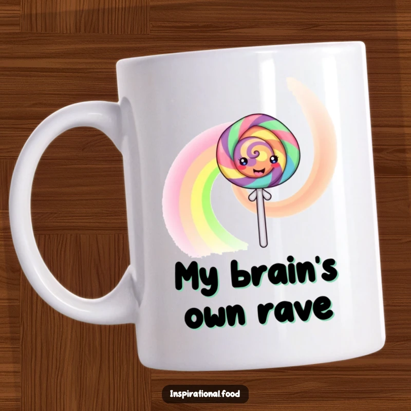 Funny Mug featuring a happy lollipop character artfully creating a vibrant, swirling rainbow effect, full of joy and sweetness.