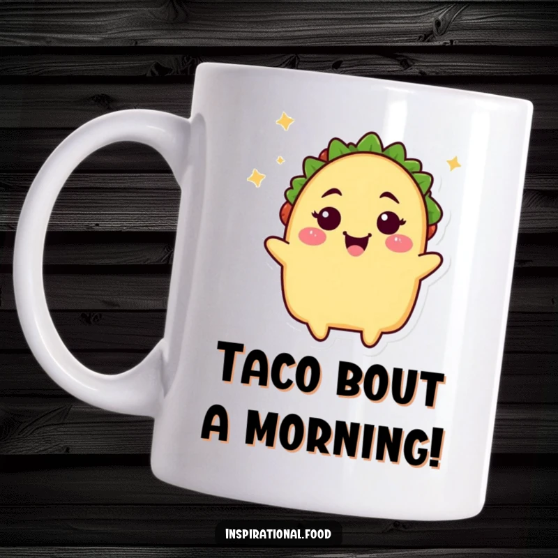 Funny taco wink mug, a cheerful beaming taco character closing one eye playfully, radiating fun and deliciousness, perfect for food lovers.