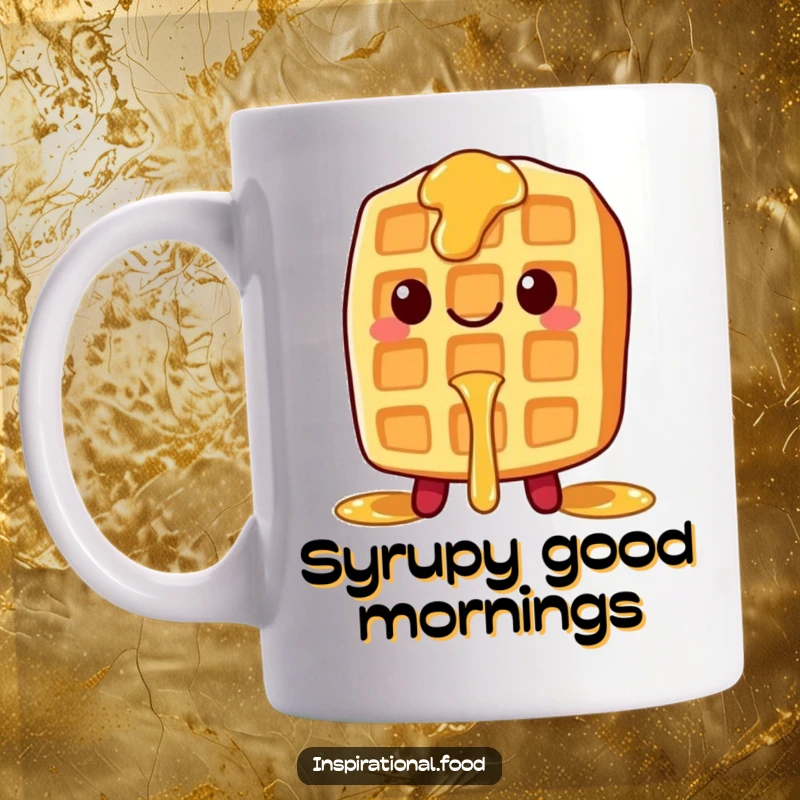 Funny mug depicting a smiling waffle character with delicious syrup dripping down, perfect for a cheerful breakfast.
