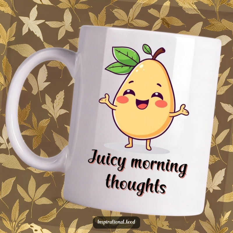 Funny mug with a giggling fruit character enthusiastically presenting a vibrant, imaginative food concept, celebrating creativity.