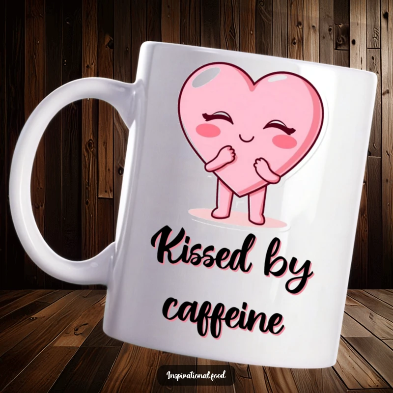 Funny candy heart mug with a happy candy heart character playfully blowing a kiss, sending love.