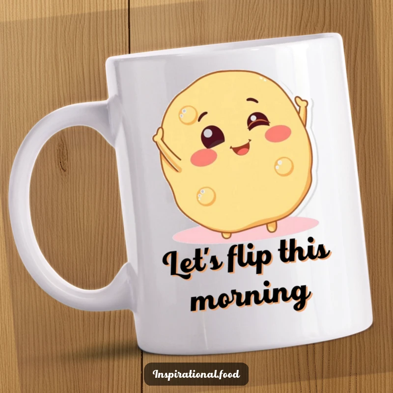 Funny mug showcasing a cheerful pancake character playfully flipping itself mid-air, radiating breakfast joy and humor.