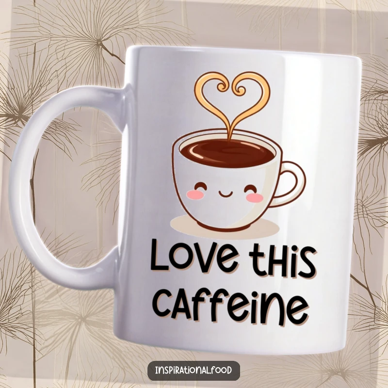 Funny mug of a cheerful coffee cup character with steam artfully shaped into a heart, symbolizing love.