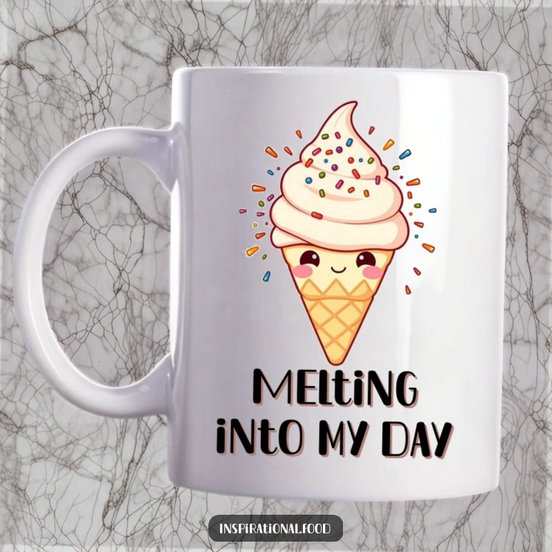 Funny mug featuring a smiling ice cream cone character amidst a vibrant sprinkle explosion, symbolizing pure delight.