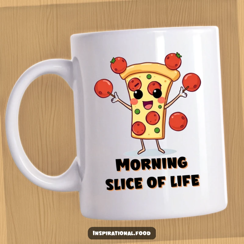 Funny mug featuring a pizza slice character masterfully juggling pepperoni like balls, symbolizing skill and cheesy delight.
