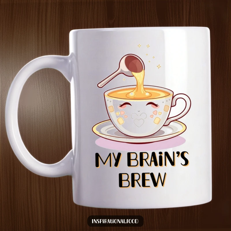 Funny mug with a shining teacup character and sparkling ladle pouring a cascade of creative ideas, symbolizing inspiration.