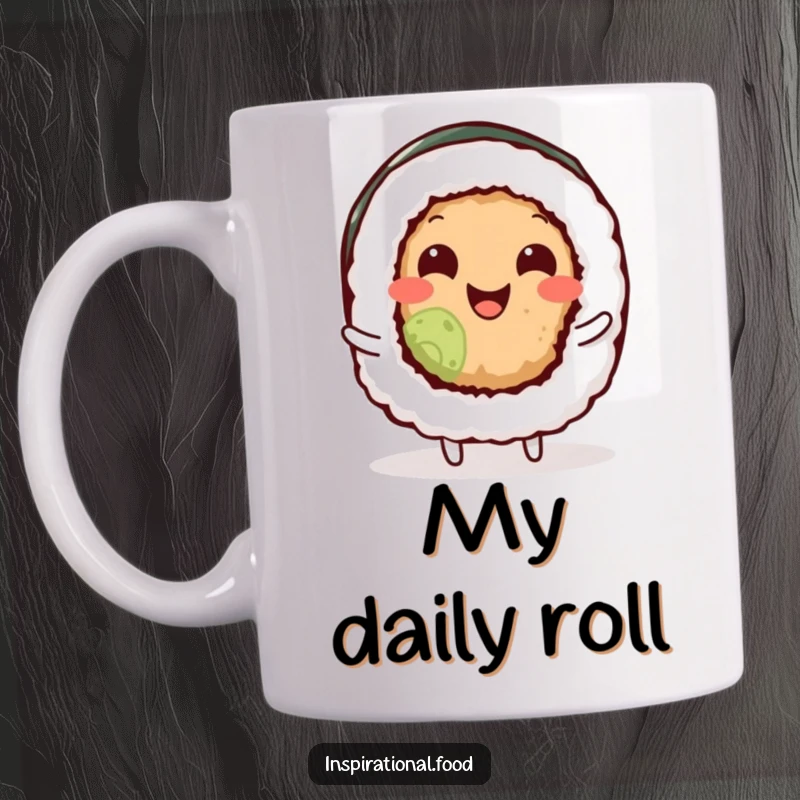 Funny sushi roll character wiggling its body with pure delight on a ceramic mug, conveying happiness and foodie humor.