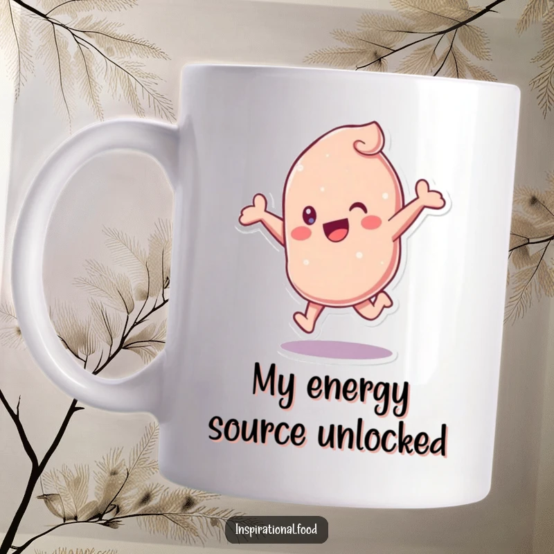 Funny Candy Mug featuring a cheerful candy character mid-leap, showering joy and sweetness, perfect for a fun gift.