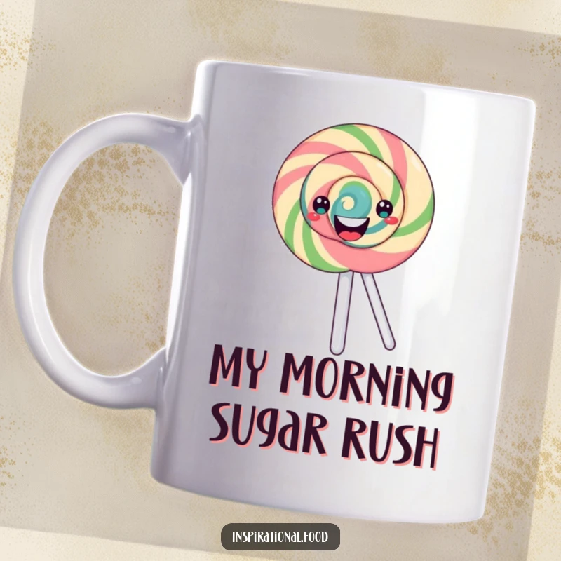 Funny lollipop mug with a happy, merrily spinning swirling pattern, perfect for a dose of sugary cheer and a unique gift.