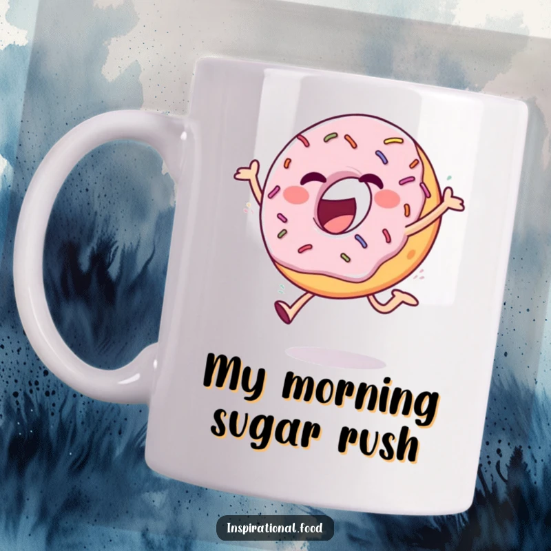 Funny donut mug with sprinkles doing a cheerful leap, showcasing pure joy and energy, a delightful and funny gift idea.