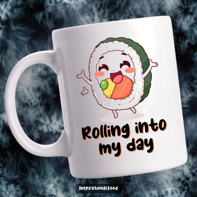 Funny sushi loop mug, a happy sushi roll character mid-air performing a cheerful loop, embodying joy and delicious motion, perfect for foodies.