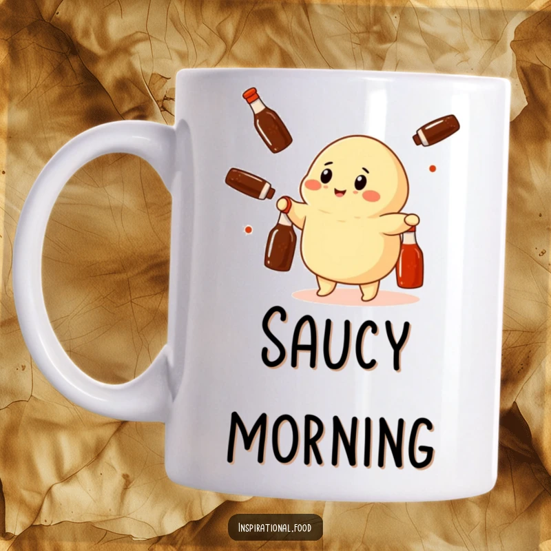 Funny dumpling character skillfully juggling miniature soy sauce bottles on a ceramic mug, depicting playful food humor.