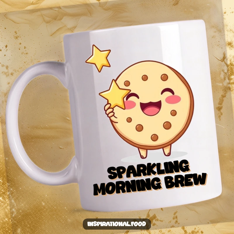 Funny mug with a joyous cookie character holding a bright star, symbolizing inspiration and positivity.