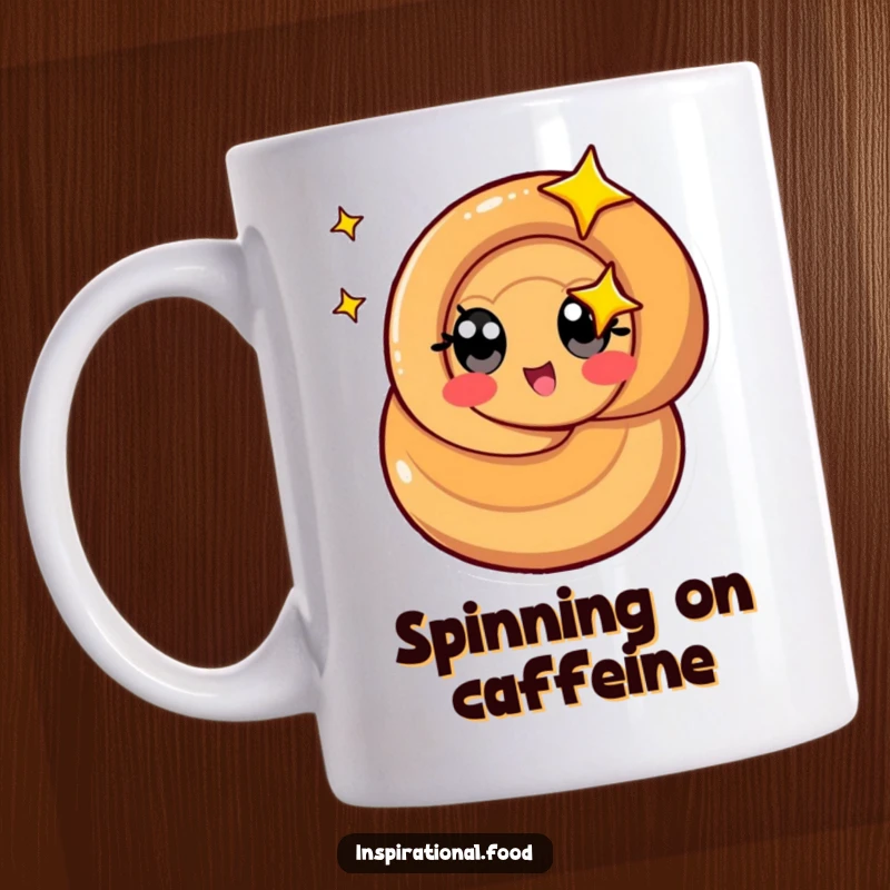 Funny caramel swirl mug featuring a stylized caramel swirl character with starry eyes spinning in a dizzy, delightful way.