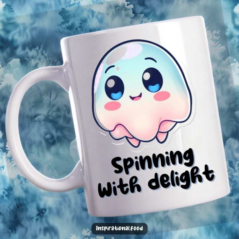 Funny mug with a wobbling jelly character with round eyes, spinning energetically in circles.