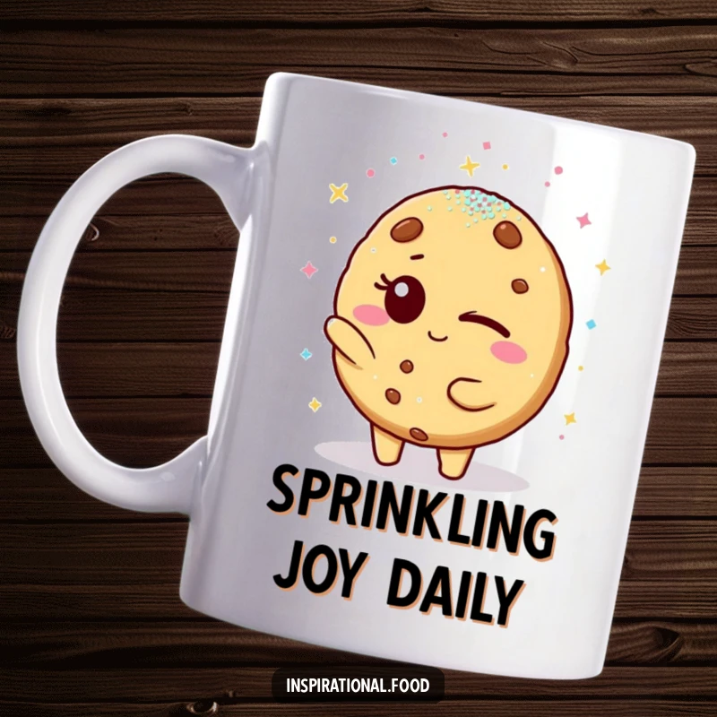 Funny mug: A winking cookie character playfully showers a delighted friend with edible glitter, spreading joy and laughter.