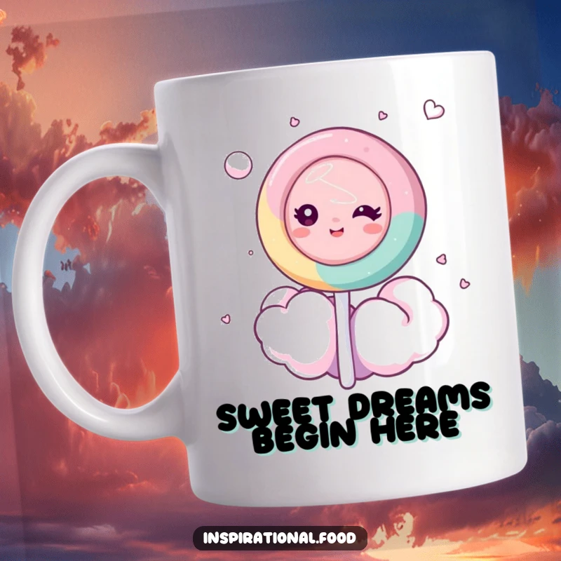 Funny mug featuring a dreamy lollipop character floating blissfully on a fluffy pink cotton candy cloud, spreading sweet vibes.