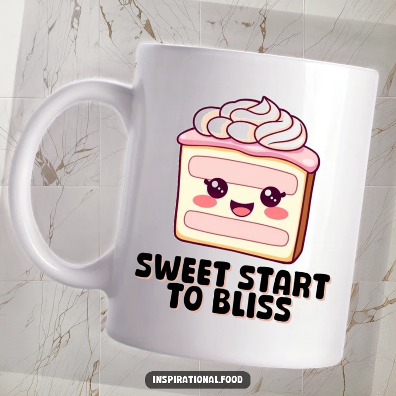 Funny mug featuring a cheerful slice of cake character with delightful frosting swirls, symbolizing joy and sweet indulgence.