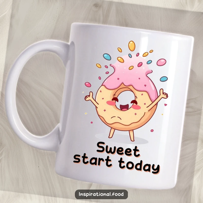 Funny donut cascade mug, a happy donut character joyfully showering sprinkles and sugar, radiating sweet indulgence and fun, perfect for treat lovers.
