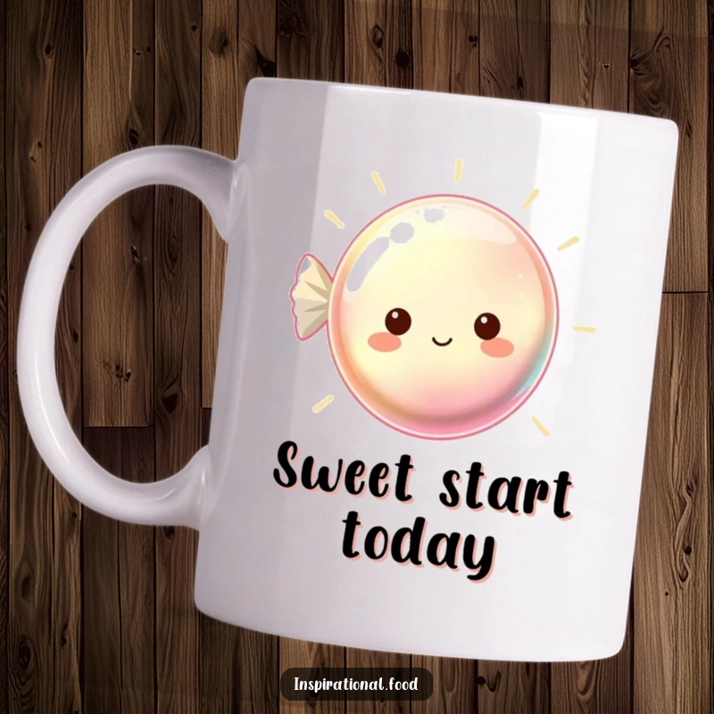Funny mug featuring a beaming, shimmering hard candy with a radiant smile, exuding pure joy.