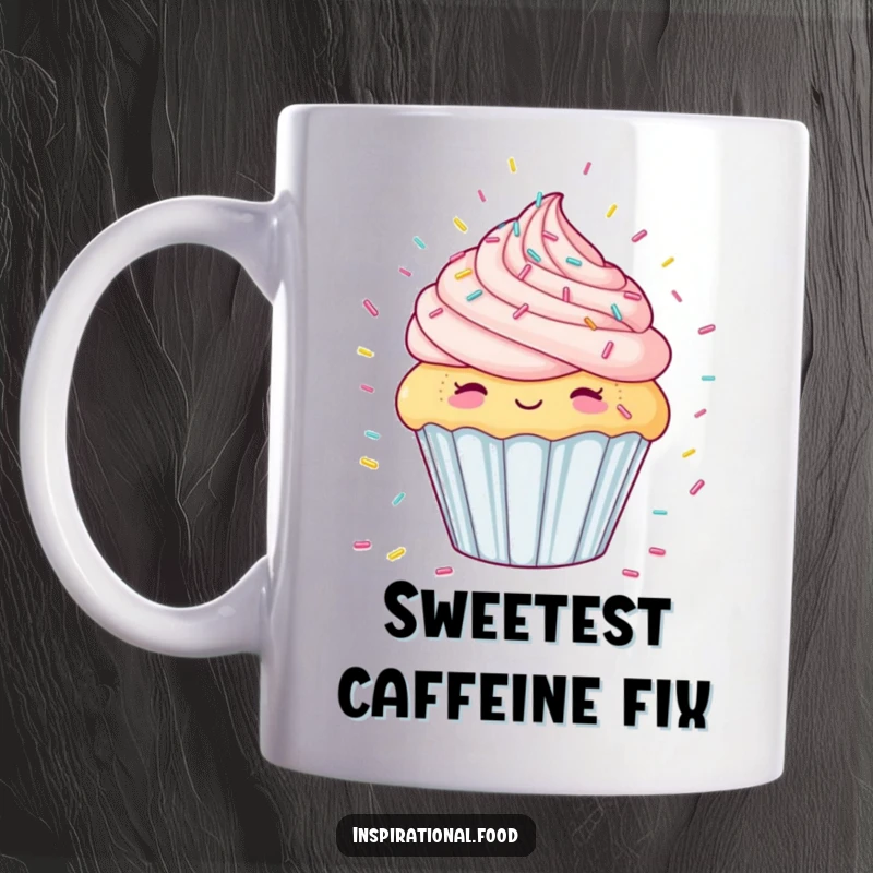 Funny cupcake mug featuring a delighted pastry dreaming of a cascade of rainbow sprinkles, a whimsical and sweet fantasy.