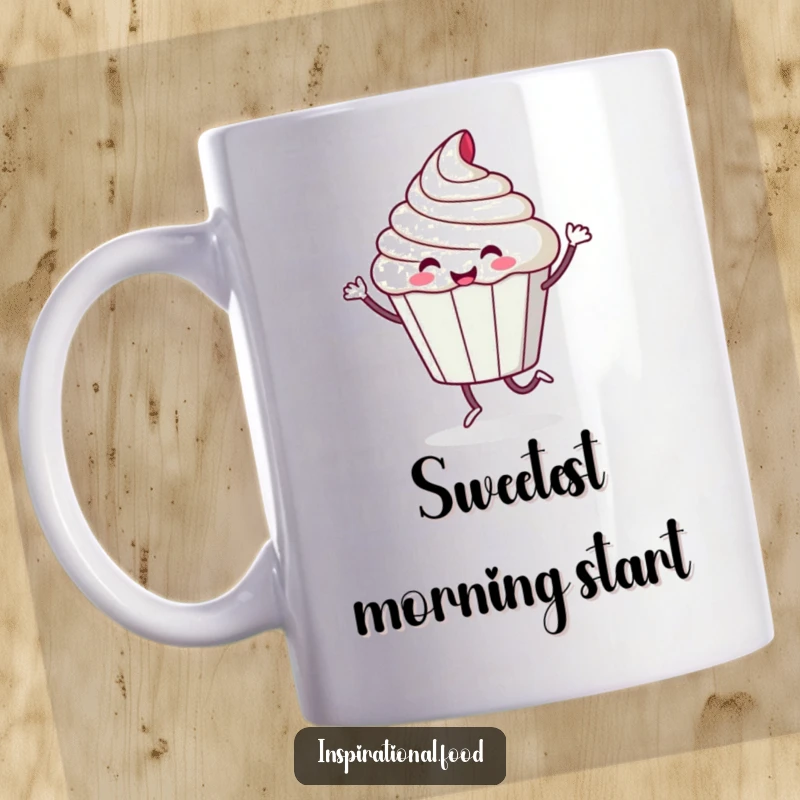 Funny mug featuring a playful cupcake character doing a happy, sugary dance, spreading sweet, joyful vibes.