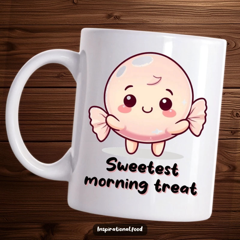 Funny mug featuring a happy candy character with a shimmering wrapper, symbolizing sweetness and joy, a delightful and funny gift.
