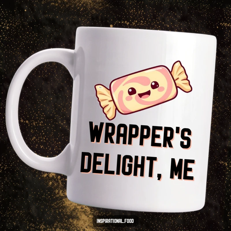 Funny candy bar mug with wrapper twirling with delight, a sweet and gleeful treat for your morning coffee.