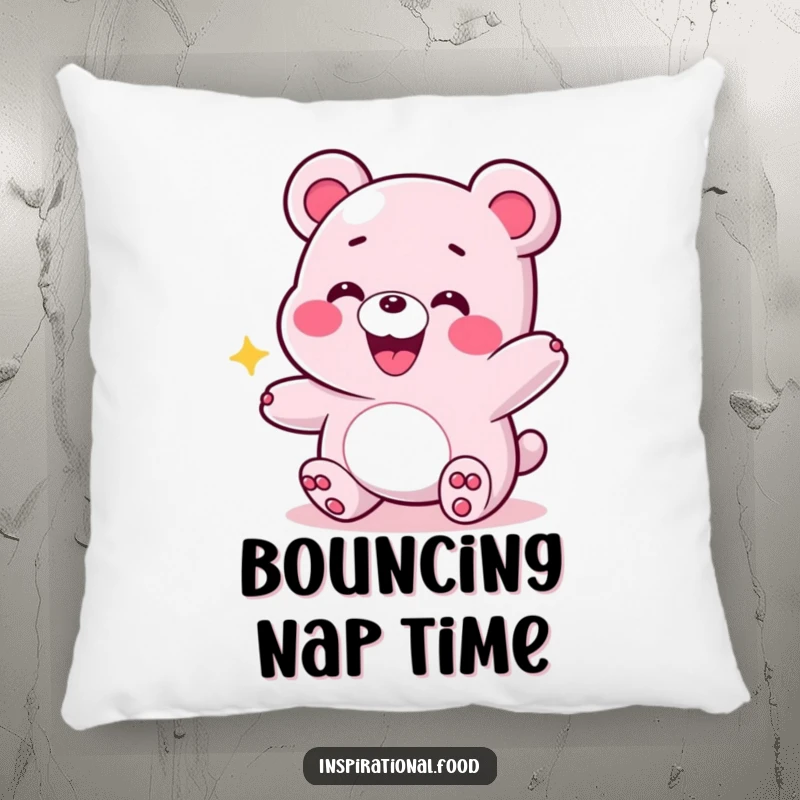 Funny pillow showcasing a grinning gummy bear in an energetic bounce, perfect for adding playful comfort and vibrant energy.