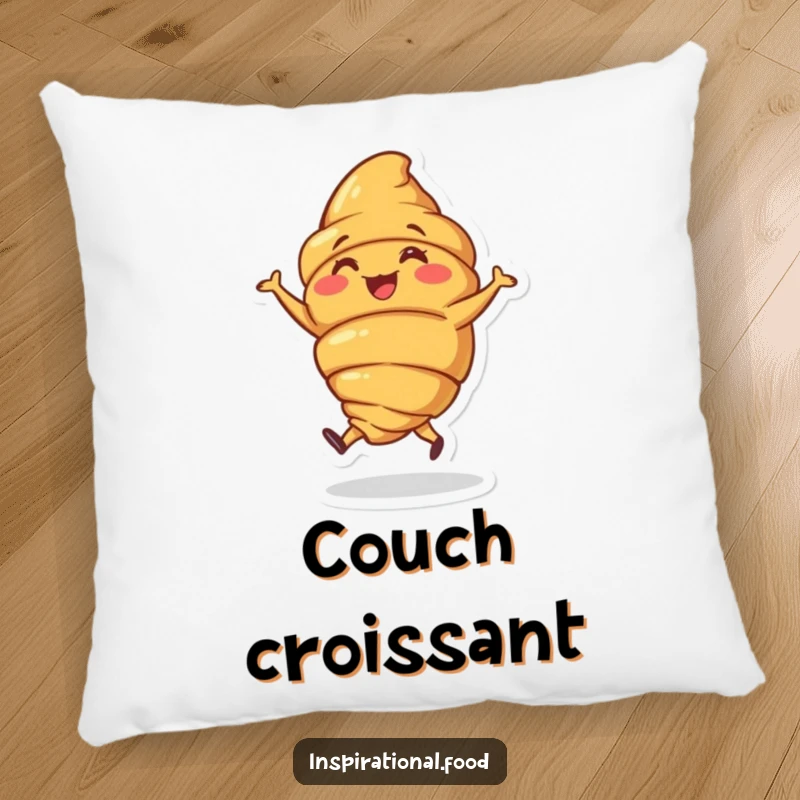 Funny pillow with a joyous croissant character doing a little jig, providing humorous and cozy breakfast decor.