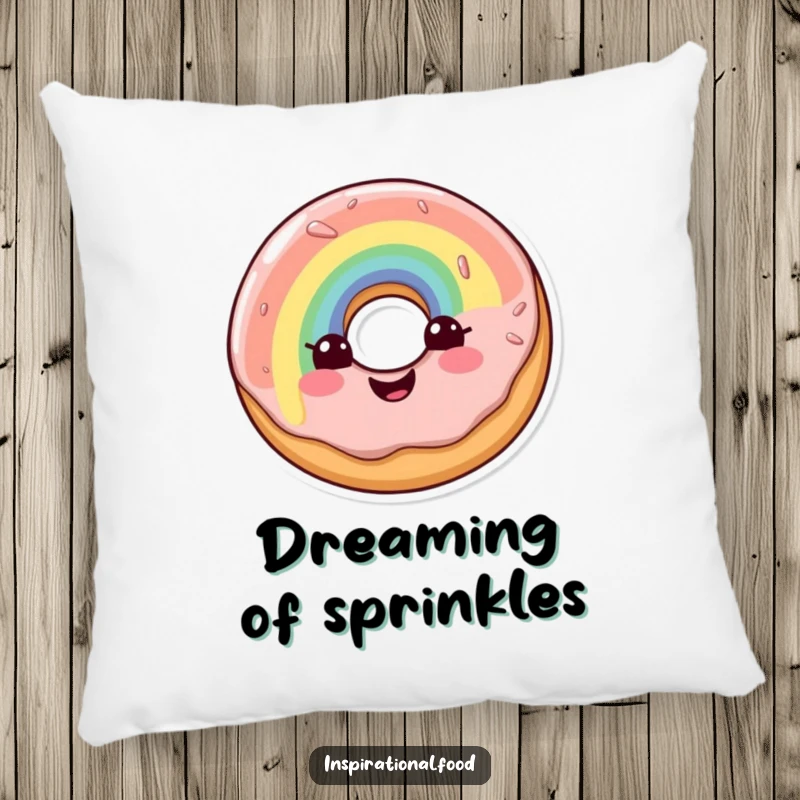 Funny pillow featuring a cheerful doughnut character with a delightful rainbow glaze, perfect for adding comfort and smiles.