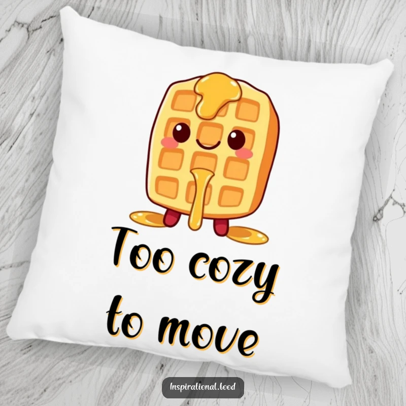 Funny pillow featuring a smiling waffle character with syrup dripping, perfect for adding sweet comfort and cheer.