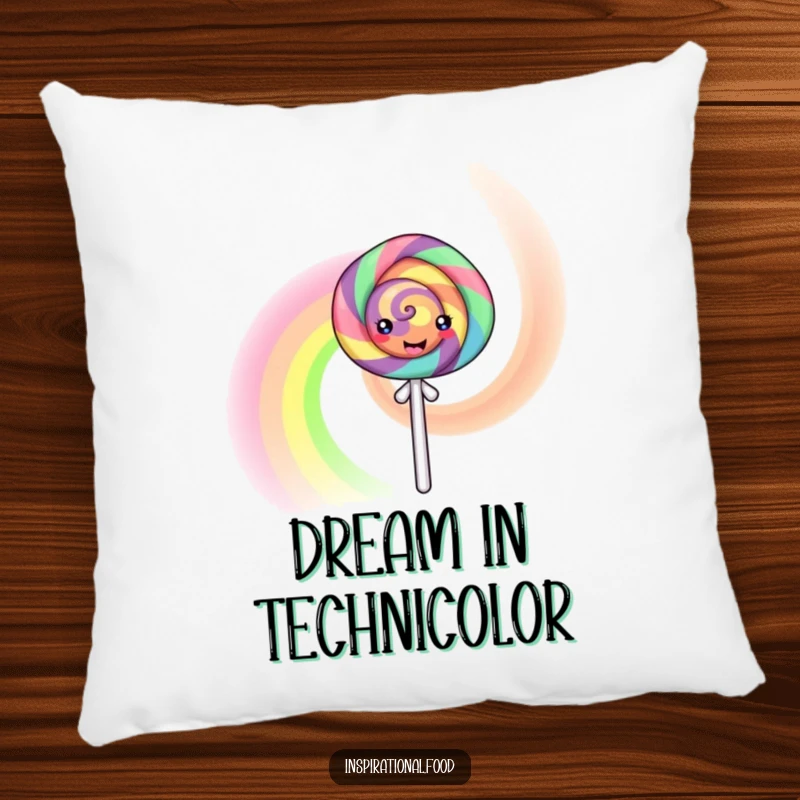 Funny Pillow featuring a happy lollipop character creating a mesmerizing swirling rainbow, offering comfort and a splash of colorful fun.
