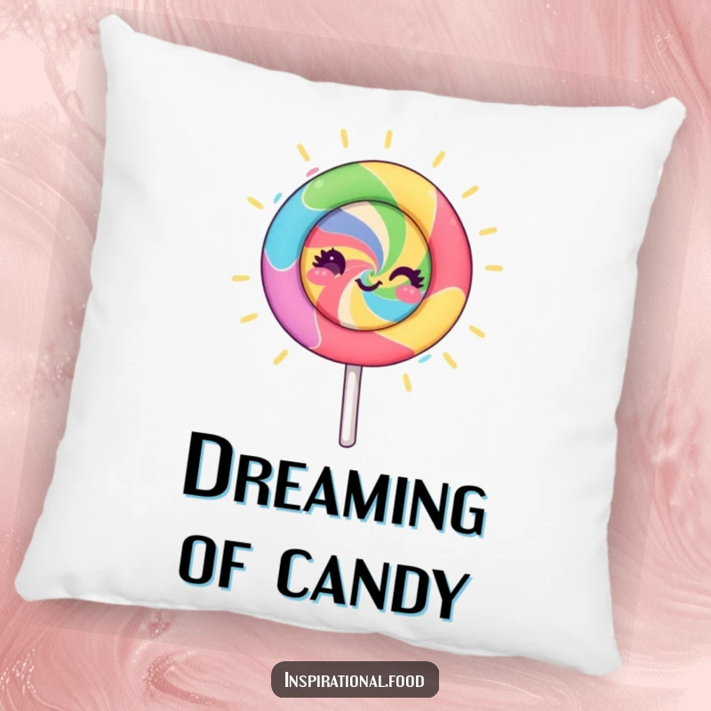 Funny lollipop character pillow, spinning with vibrant colors and creative energy, offering soft comfort and a touch of artistic humor.