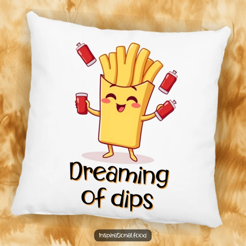 Funny pillow with a giggling french fry character juggling ketchup packets, providing humorous and cozy food decor.