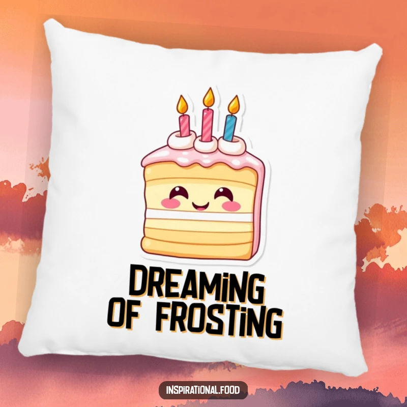 Funny pillow with an inspired smiling slice of birthday cake and candles, offering cozy comfort with a humorous celebration theme.