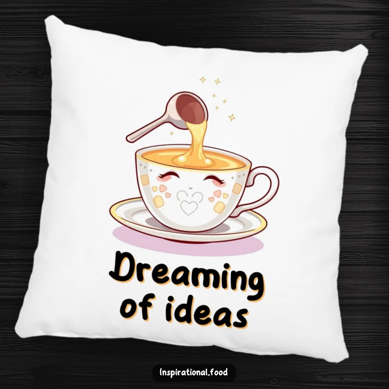 Funny pillow with a shining teacup character and sparkling ladle pouring ideas, designed for cozy and creative relaxation.