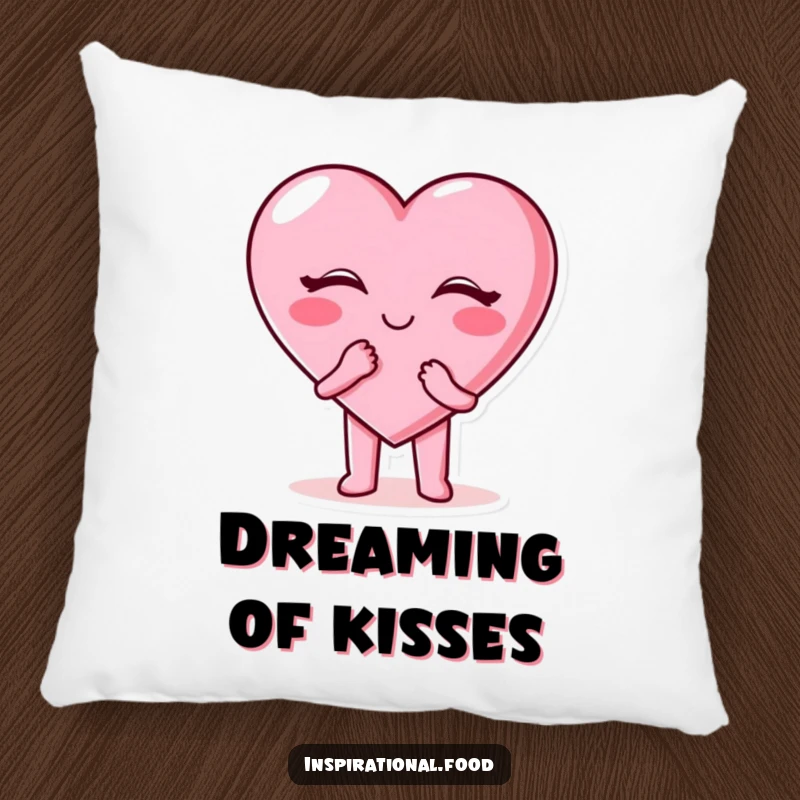 Funny candy heart pillow with a happy candy heart character blowing a kiss, offering comfort and sweet affection.