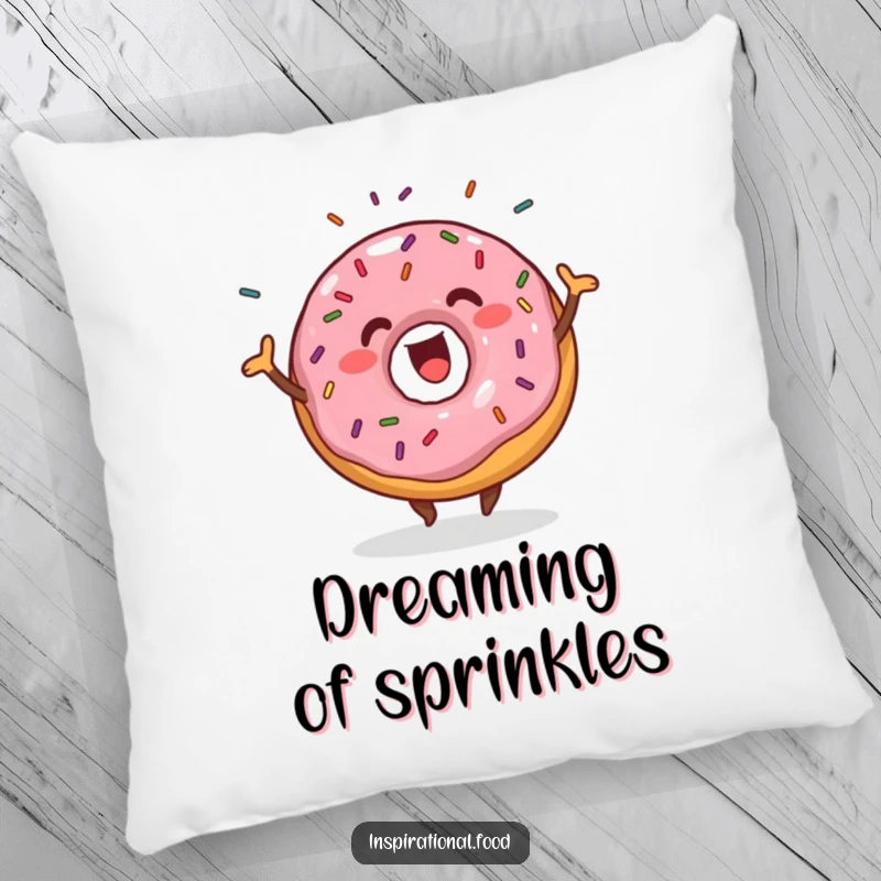 Funny happy donut wiggling with sprinkles on a pillow, providing soft and sweet decor.