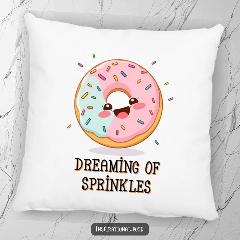Funny pillow featuring a donut character with a happy swirl design, giggling joyfully while being showered in colorful sprinkles.