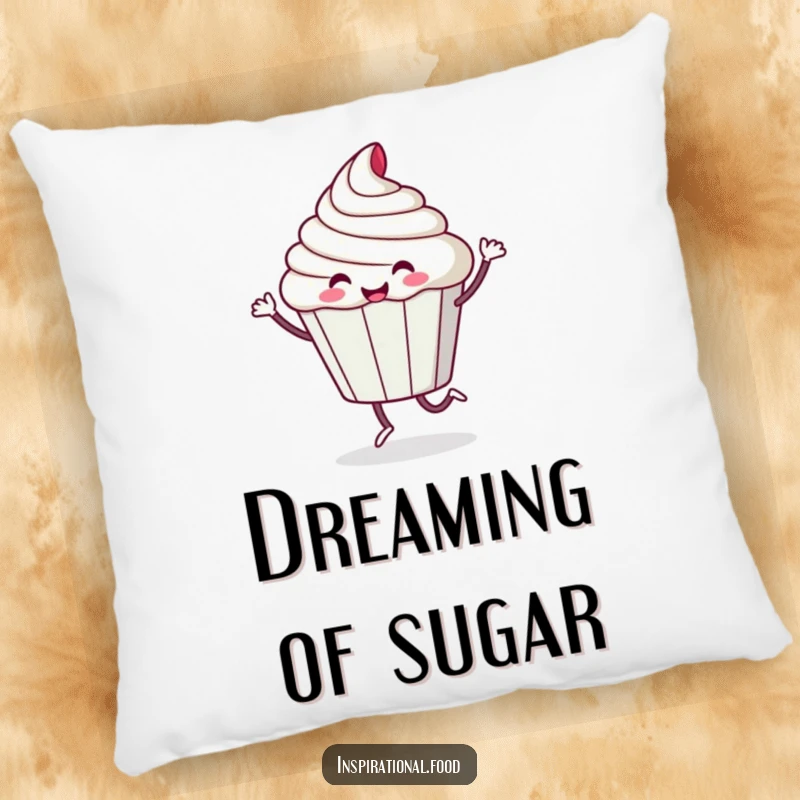 Funny pillow featuring a playful cupcake character doing a happy, sugary dance, offering soft, sweet humor.