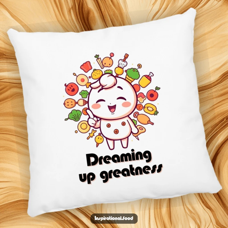Funny decorative pillow with a winking character surrounded by a playful burst of creative and appetizing food icons.
