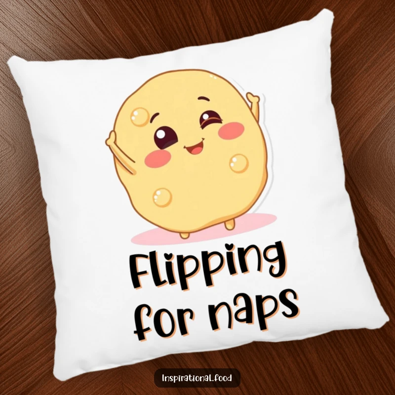 Funny pillow showcasing a smiling pancake character in a playful flip, offering cozy comfort and breakfast-themed decor.