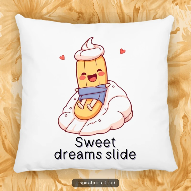 Funny pillow featuring a baguette character gleefully sliding down a giant meringue mountain, bringing edible comfort and humor.