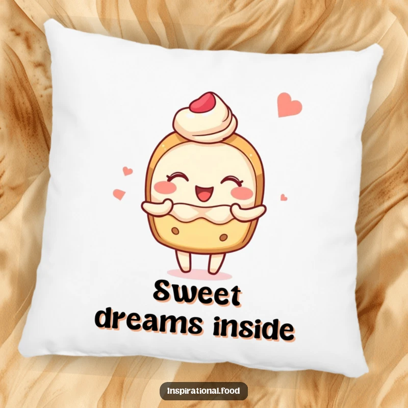 Funny pillow showcasing a blushing pastry character joyfully sharing delightful food imagery, designed for comfort and smiles.