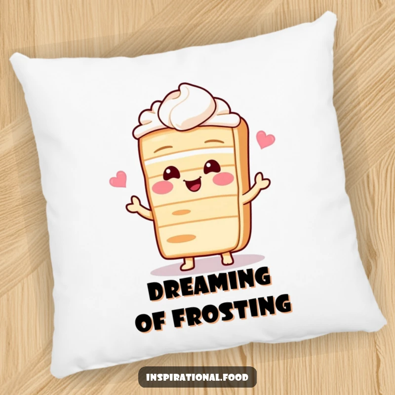 Funny pillow featuring a giggling cake slice character sharing a delightful recipe, perfect for adding comfort and humor.