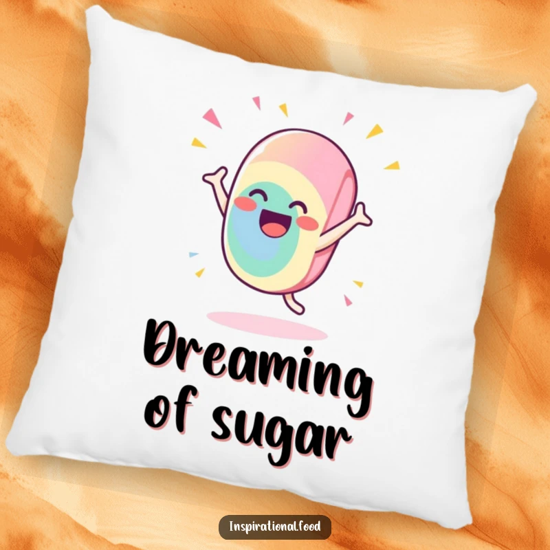 Funny candy pillow with a gleeful character doing a flamboyant, celebratory flourish, offering comfort and a humorous touch to any seating area.