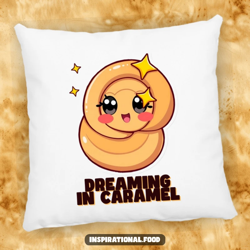 Funny caramel swirl pillow with a stylized character with starry eyes spinning, offering comfort and sweet dreams.