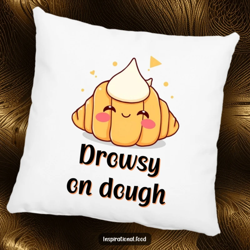 Funny pillow featuring a smirking croissant dreaming of an epic butter mountain, offering comfort and a chuckle.