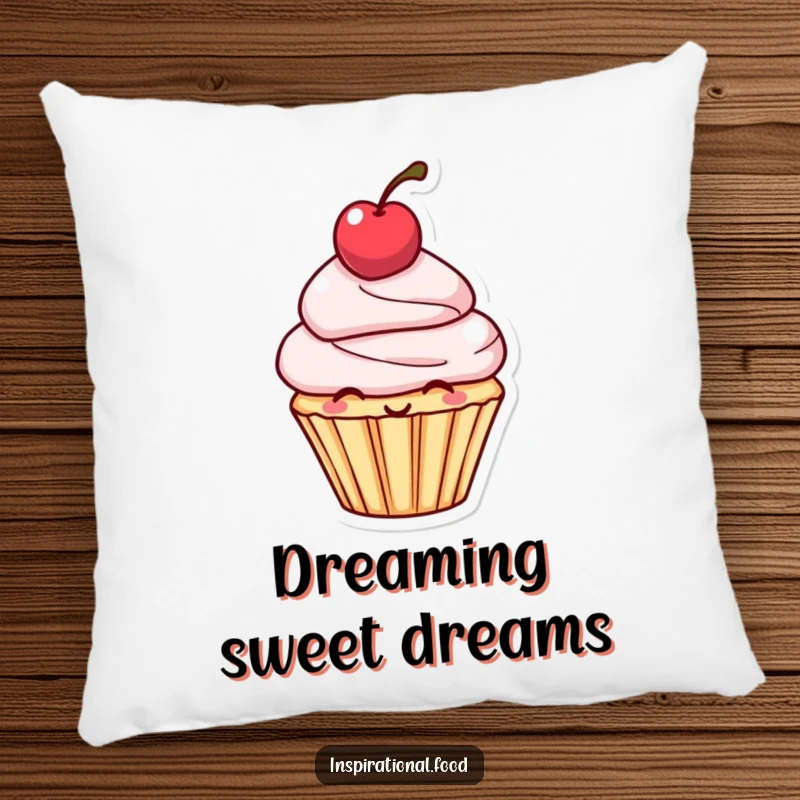 Funny Pillow: Soft cushion depicting a smiling cupcake character with a cherry balanced on its head, adding sweet decor.